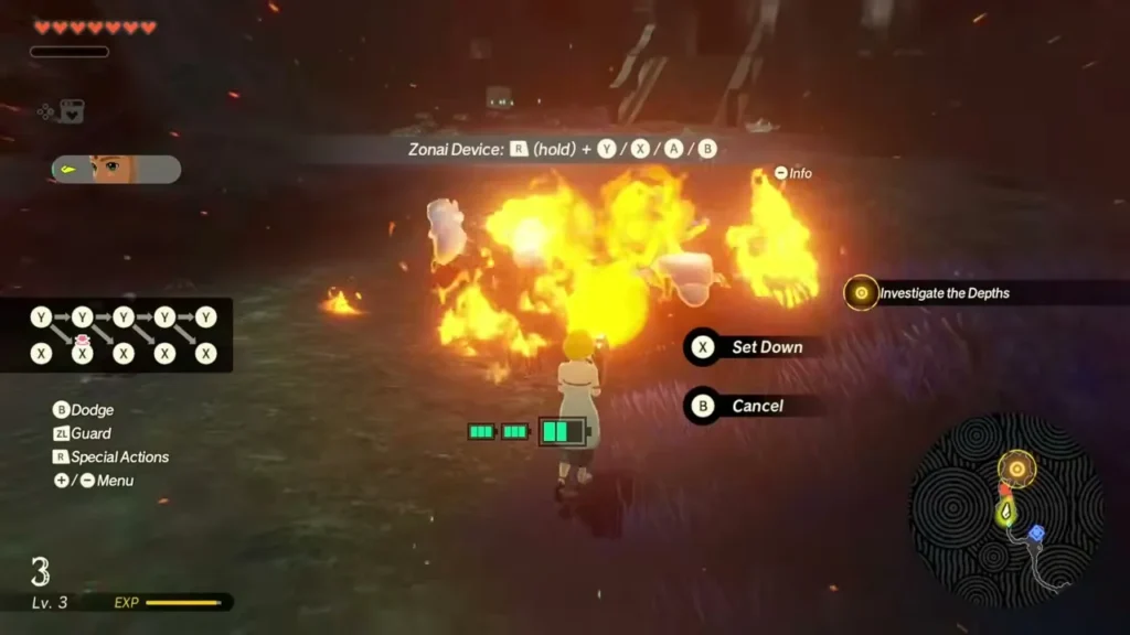 Zelda sets a Flame Emitter down among burning enemies in the Depths