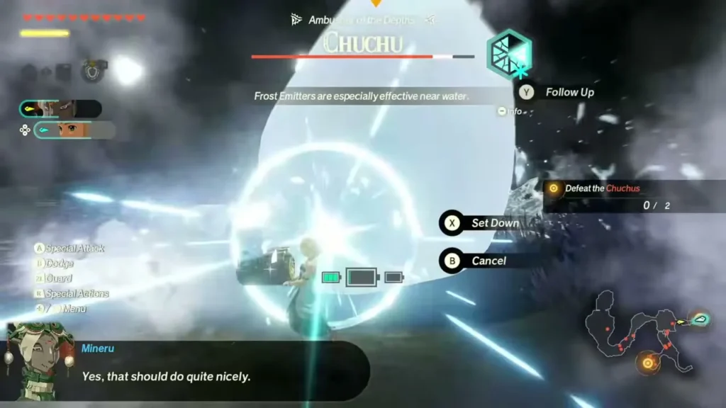 Zelda blasts a Chuchu with the Frost Emitter while Mineru comments Zelda blasts a Chuchu with the Frost Emitter while Mineru comments