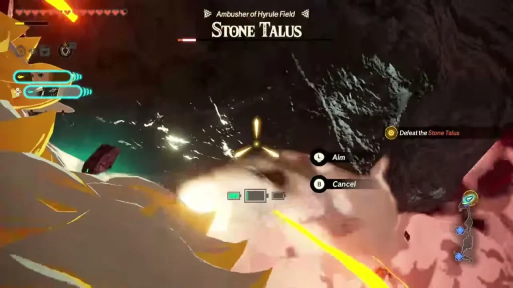 Zelda aims a Time Bomb at the Stone Talus with Aim and Cancel prompts Zelda aims a Time Bomb at the Stone Talus with Aim and Cancel prompts