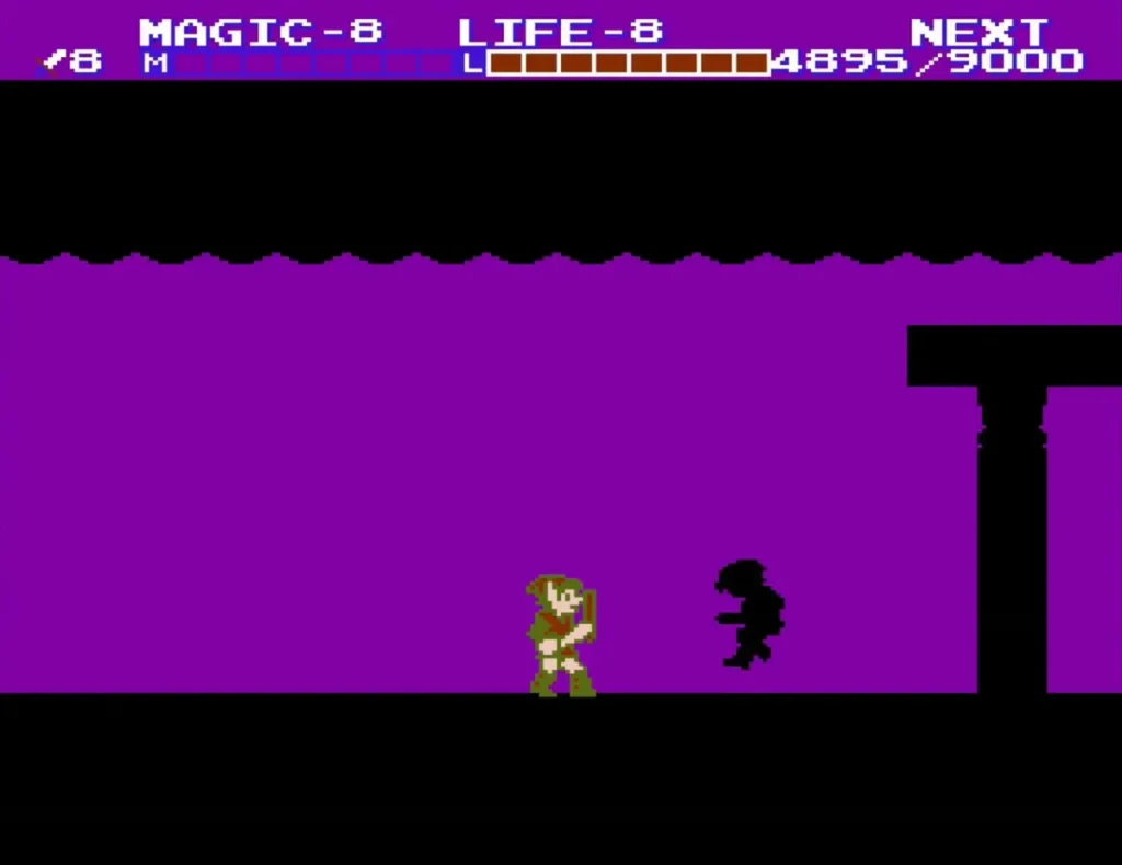 Dark Link and Link facing each other in the purple room of the Great Palace Dark Link and Link facing each other in the purple room of the Great Palace