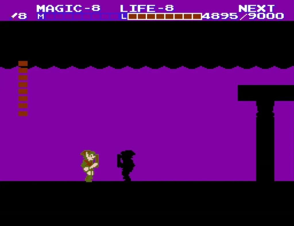 Link beside a black shadow figure close to him in a purple room Link beside a black shadow figure close to him in a purple room