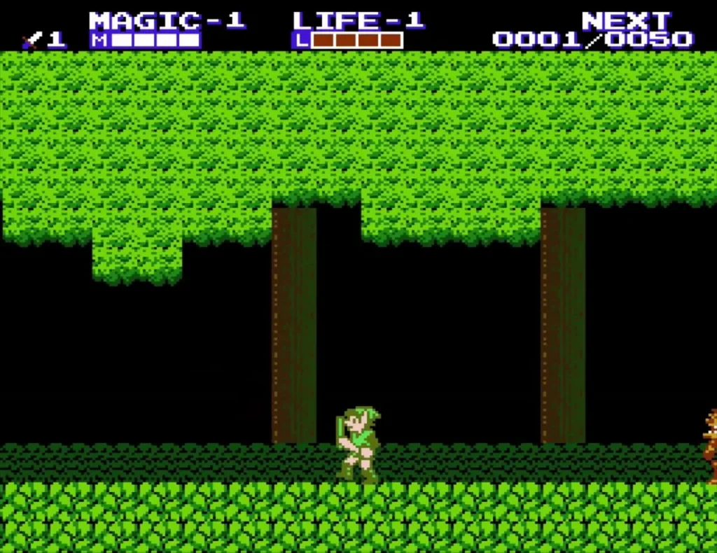 Link walking through a forest with the NEXT experience counter on the HUD Link walking through a forest with the NEXT experience counter on the HUD
