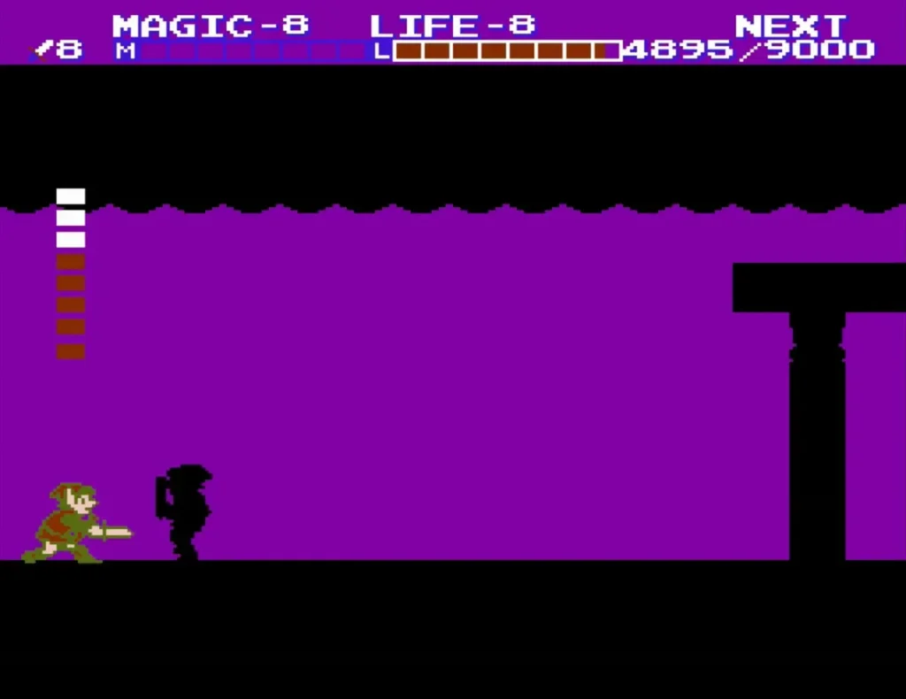 Link slashing at Dark Link from the far left of the purple room Link slashing at Dark Link from the far left of the purple room