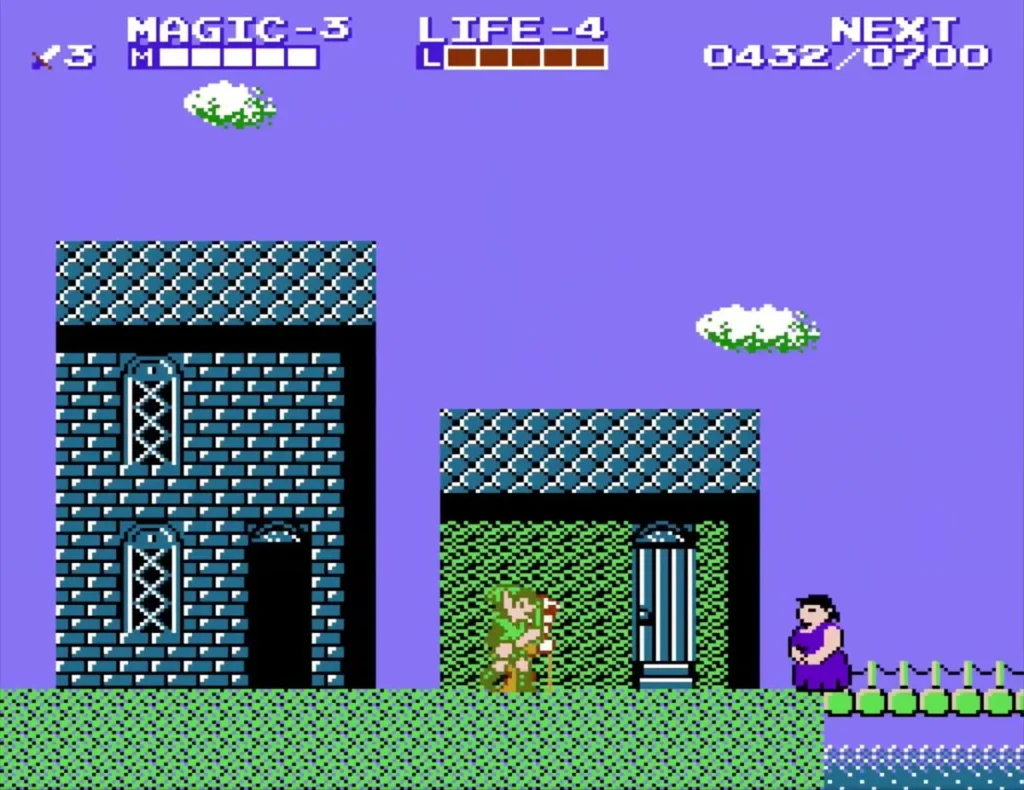 Purple-robed woman waiting near the green-roof house as Link walks up Purple-robed woman waiting near the green-roof house as Link walks up