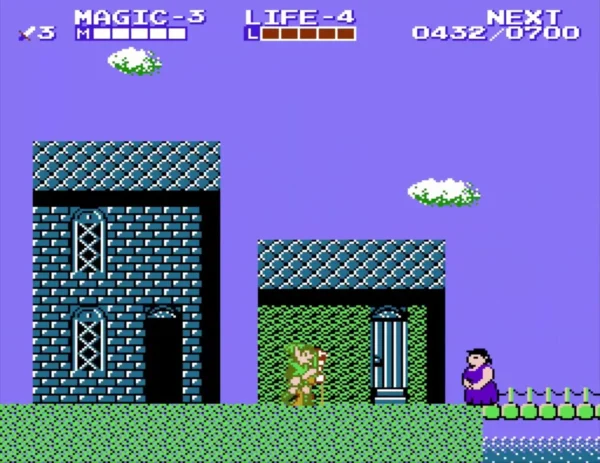 Purple-robed woman waiting near the green-roof house as Link walks up Purple-robed woman waiting near the green-roof house as Link walks up