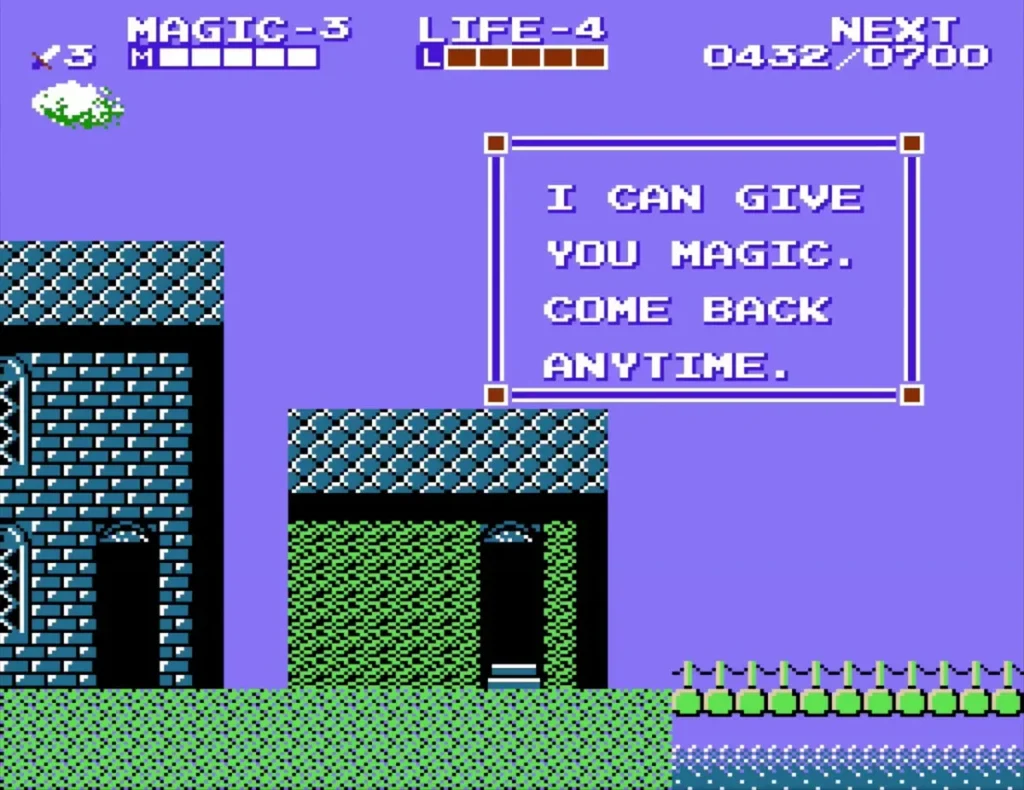 Text box I CAN GIVE YOU MAGIC above a blue-brick house Text box I CAN GIVE YOU MAGIC above a blue-brick house