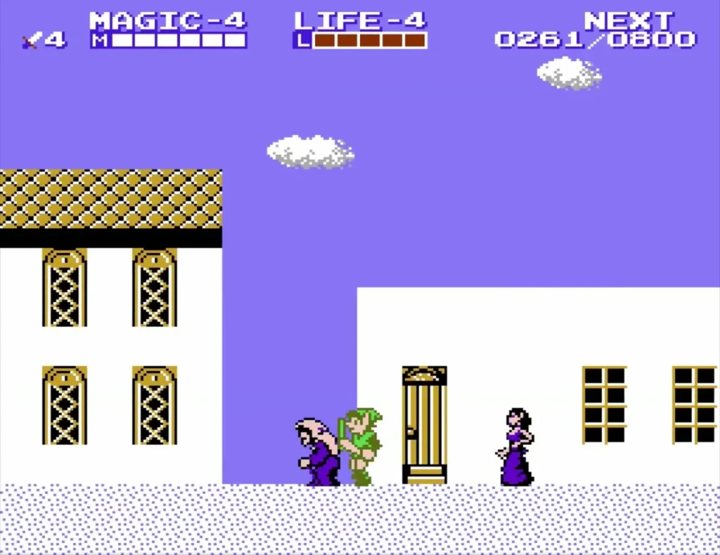 Link beside a purple-robed old woman on a snowy street Link beside a purple-robed old woman on a snowy street