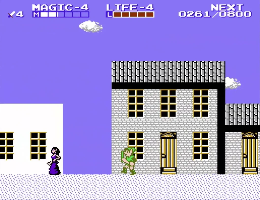 Purple-robed townswoman on a snowy street beside Link and a stone house Purple-robed townswoman on a snowy street beside Link and a stone house
