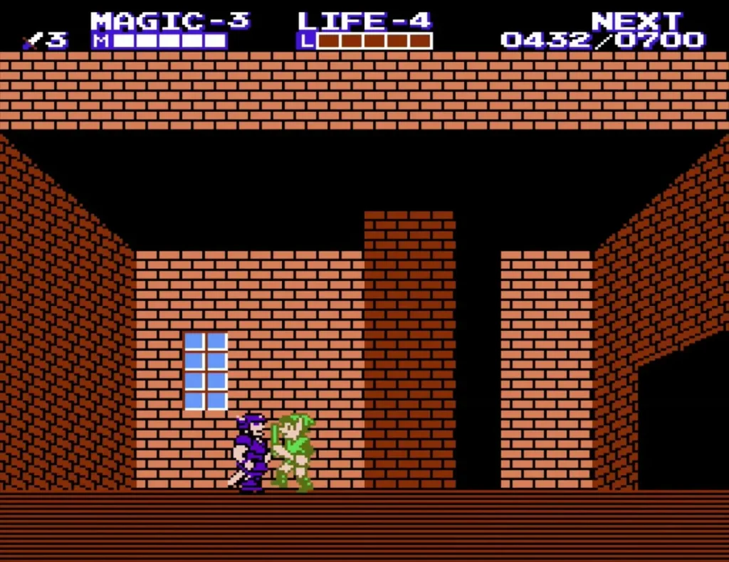 Link standing beside the purple-robed river guard in a brick hall Link standing beside the purple-robed river guard in a brick hall