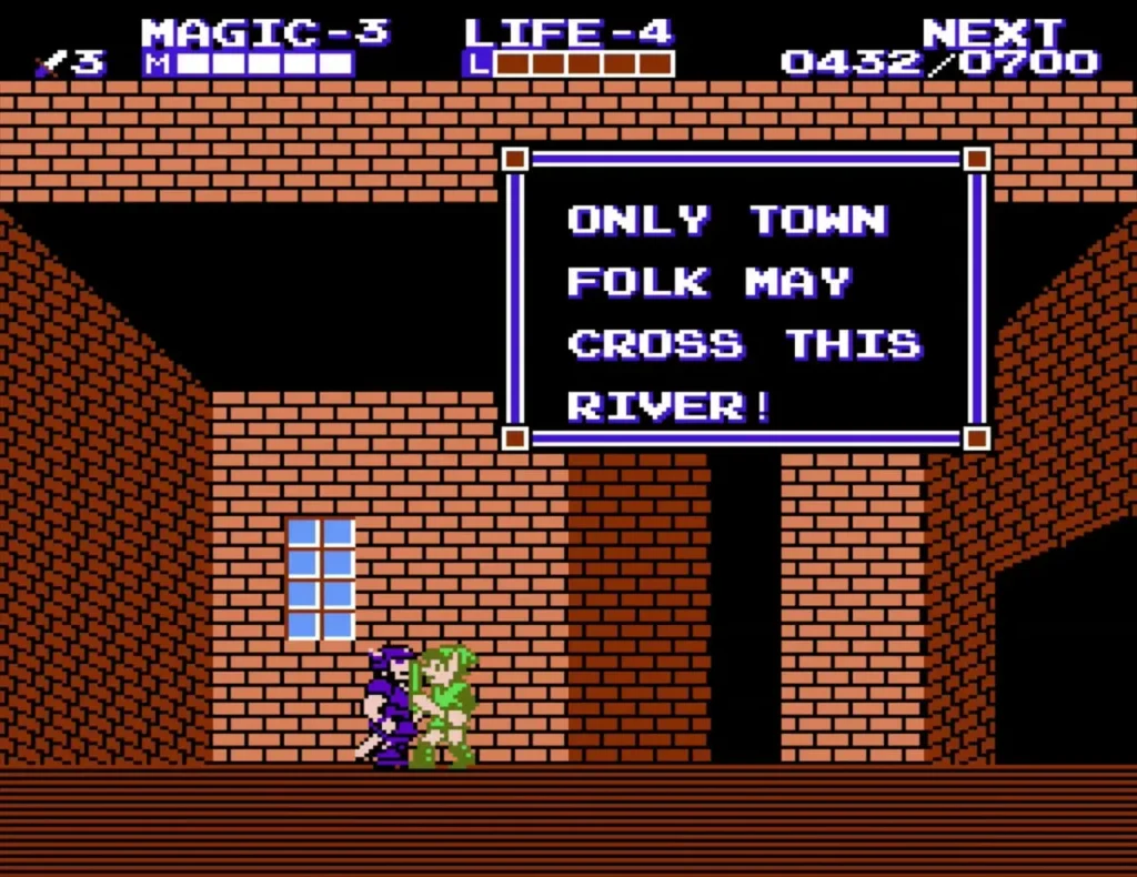 River guard text box saying only town folk may cross this river River guard text box saying only town folk may cross this river