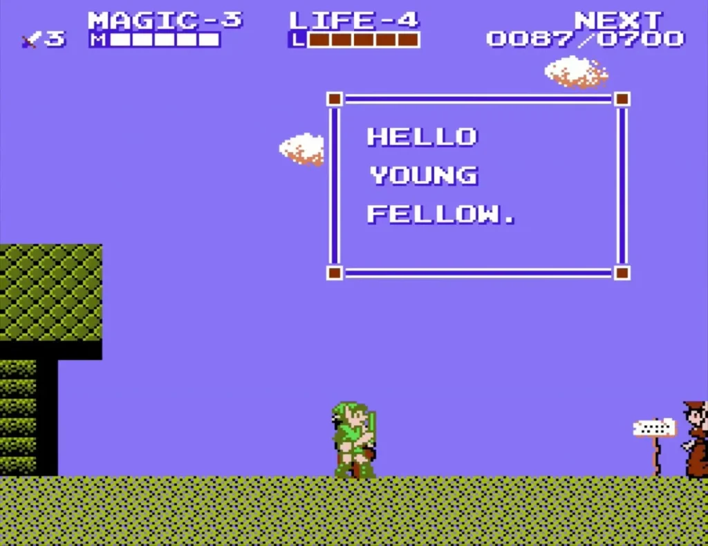 Text box HELLO YOUNG FELLOW above Link while a brown-robed townsman waits at right Text box HELLO YOUNG FELLOW above Link while a brown-robed townsman waits at right