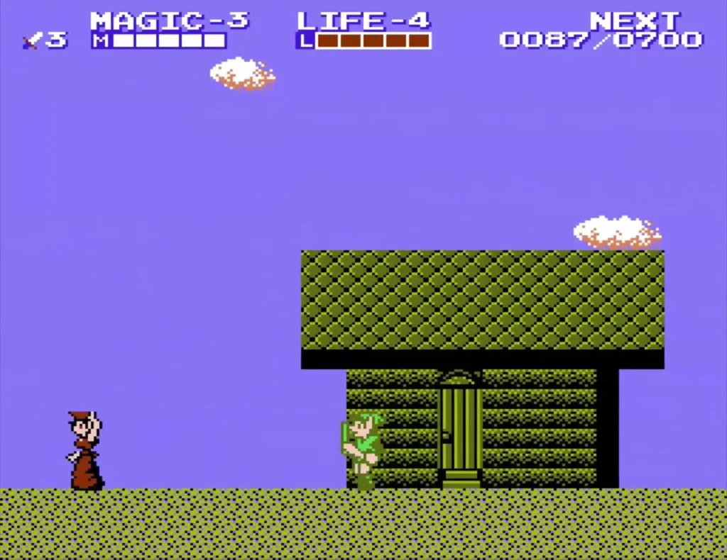 Brown-robed townsman near a green house as Link walks up Brown-robed townsman near a green house as Link walks up
