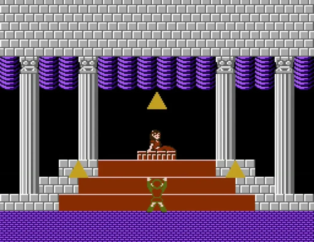 Zelda lying on an altar under golden triangles while Link kneels below Zelda lying on an altar under golden triangles while Link kneels below