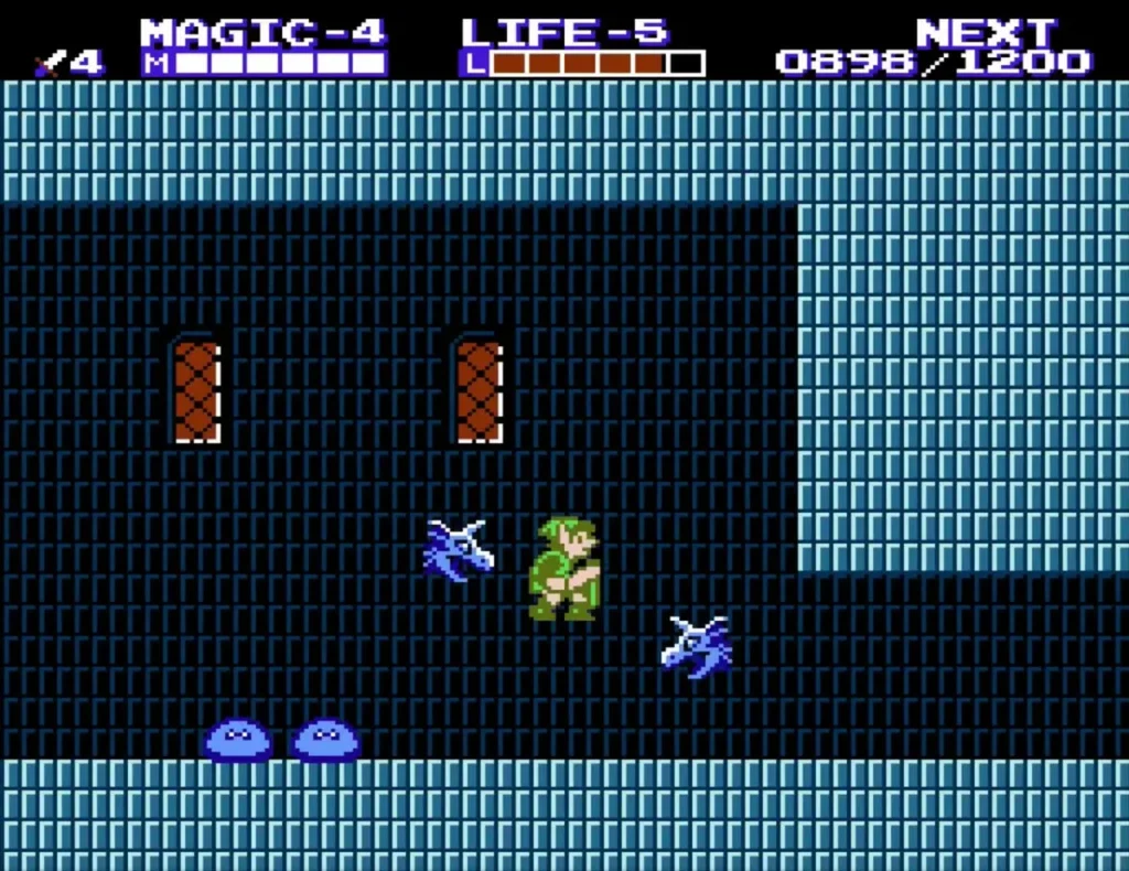 Two blue Aches flying around Link in a palace room Two blue Aches flying around Link in a palace room