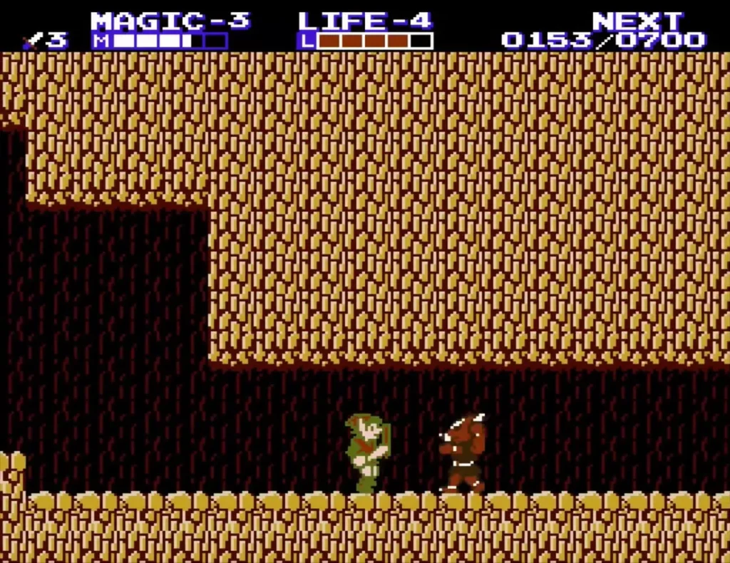 Goriya with a boomerang standing beside Link in a cave Goriya with a boomerang standing beside Link in a cave