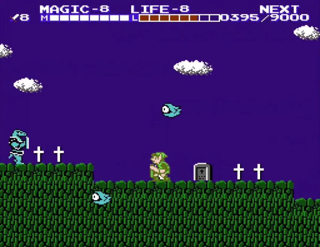 Link in a graveyard beside a cyan ghost under a purple sky Link in a graveyard beside a cyan ghost under a purple sky