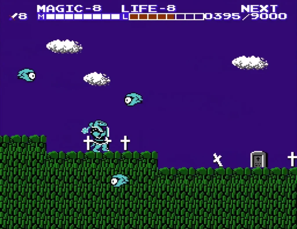 Cyan ghosts drifting over a graveyard under a purple sky Cyan ghosts drifting over a graveyard under a purple sky