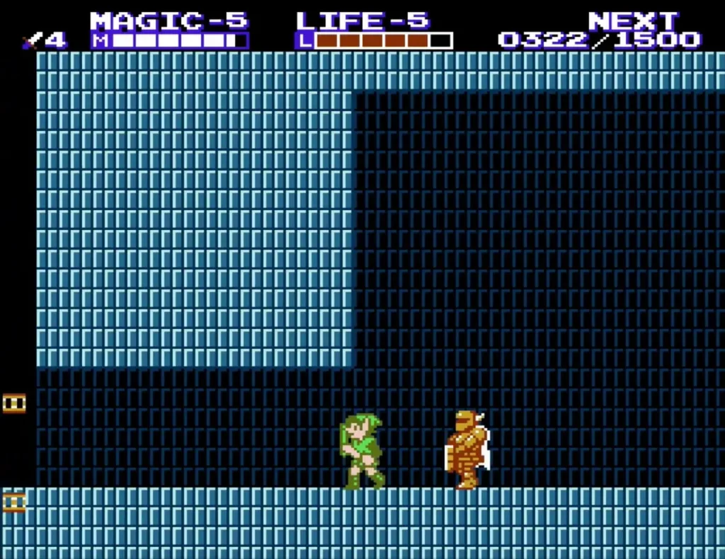 Armored spear-carrying enemy beside Link on a blue-brick floor Armored spear-carrying enemy beside Link on a blue-brick floor