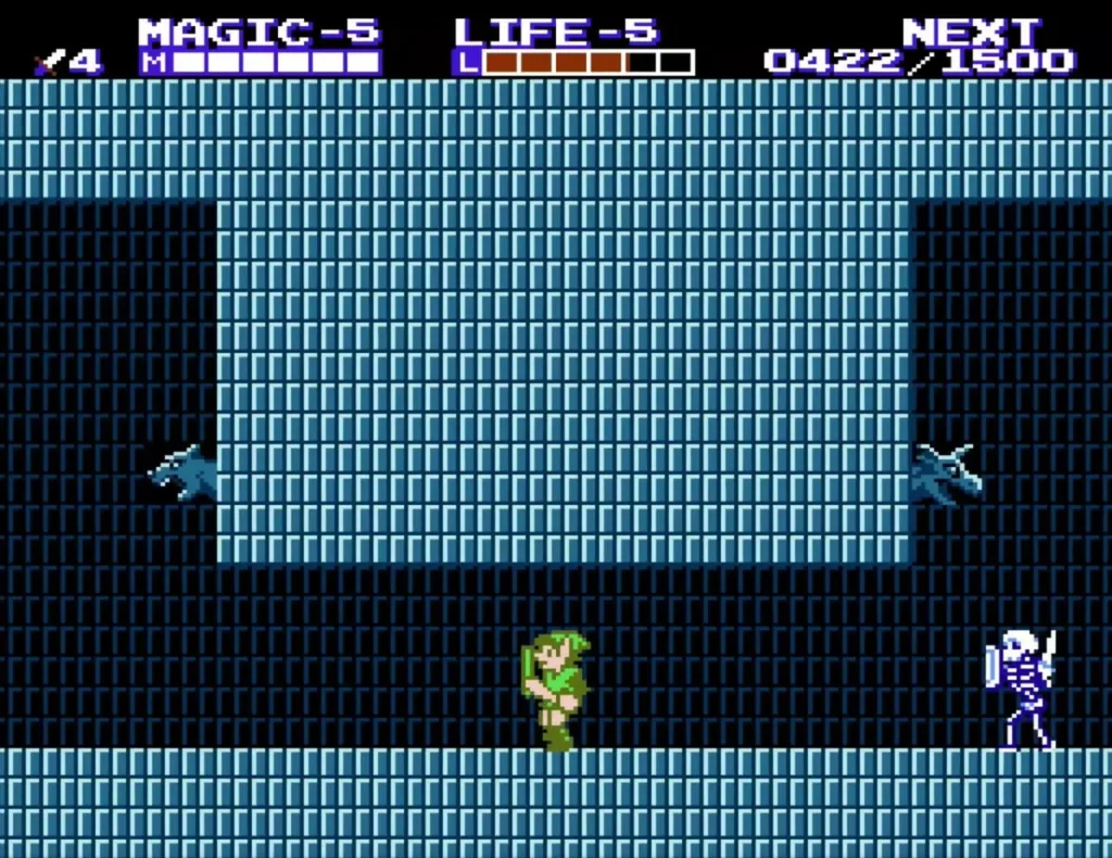 White skeleton with a shield standing in a blue-brick room near Link White skeleton with a shield standing in a blue-brick room near Link
