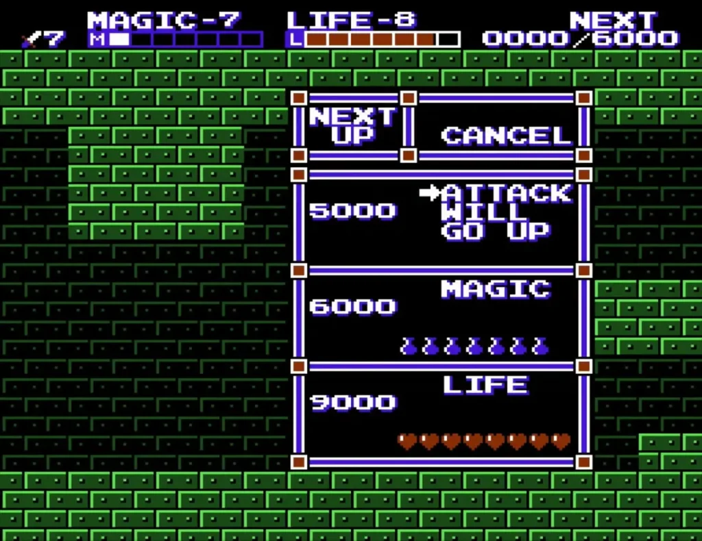 ATTACK WILL GO UP level-up menu over a green palace room with sword level 7 on the HUD ATTACK WILL GO UP level-up menu over a green palace room with sword level 7 on the HUD