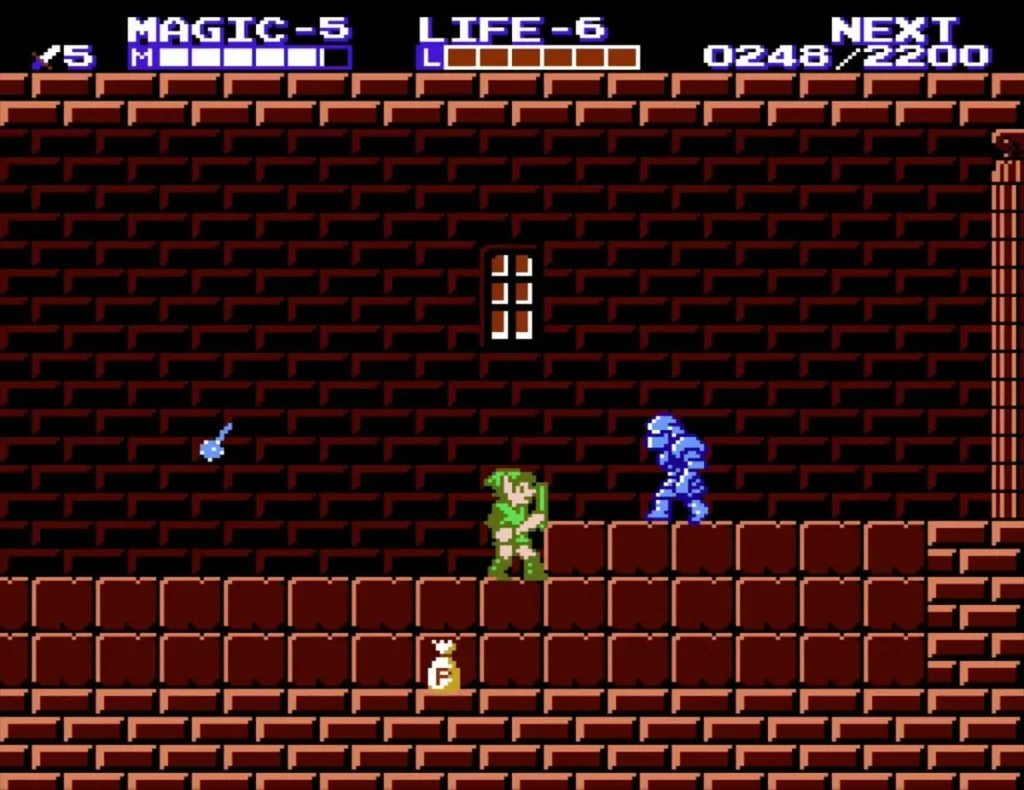 Gold-and-white P-bag lying on the brick floor beside Link Gold-and-white P-bag lying on the brick floor beside Link