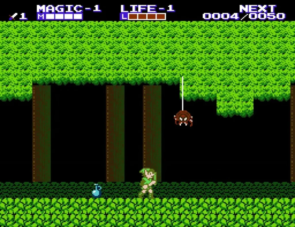 Link in a forest with a hanging spider enemy and a blue blob enemy nearby Link in a forest with a hanging spider enemy and a blue blob enemy nearby