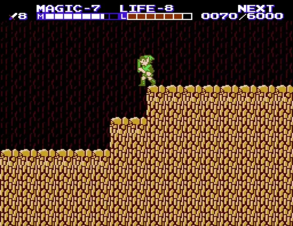Link in the tan cave after raising Attack to level 8 Link in the tan cave after raising Attack to level 8