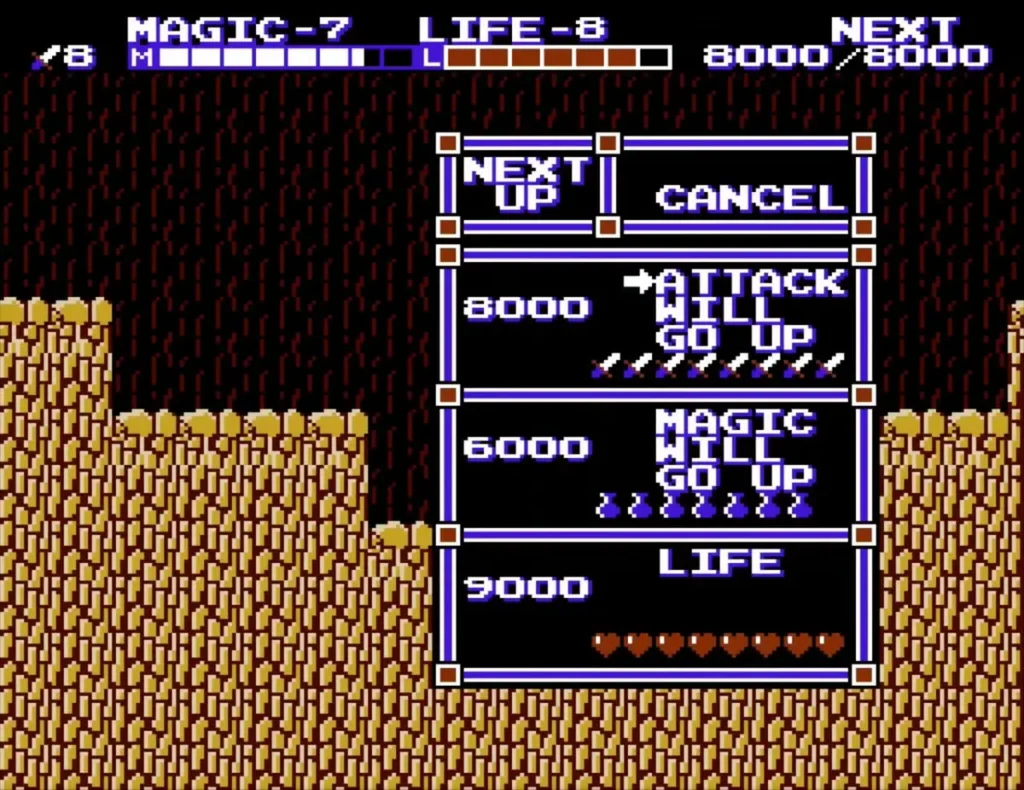 Level-up menu with ATTACK WILL GO UP and the experience thresholds Level-up menu with ATTACK WILL GO UP and the experience thresholds