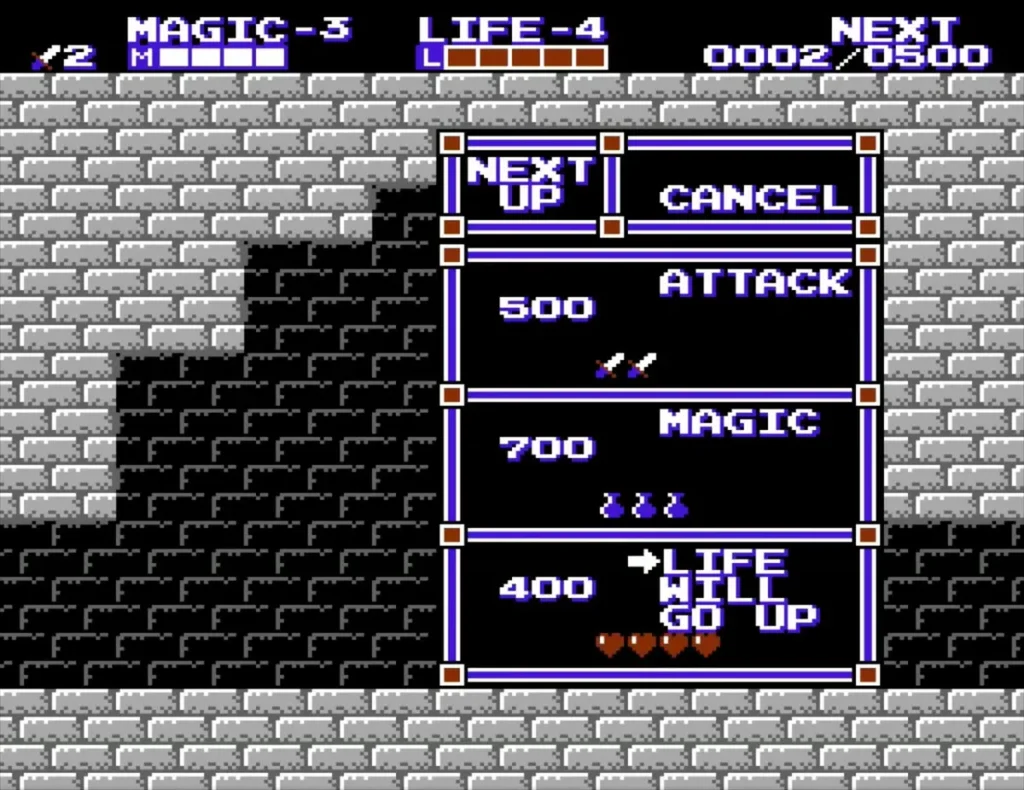 Level-up menu with the cursor on LIFE WILL GO UP at Life level 4 Level-up menu with the cursor on LIFE WILL GO UP at Life level 4