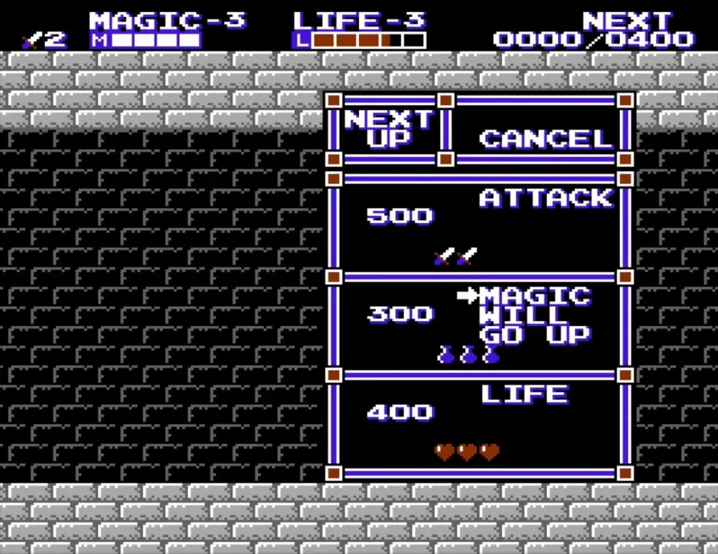 Level-up menu with the cursor on MAGIC WILL GO UP at Magic level 3 Level-up menu with the cursor on MAGIC WILL GO UP at Magic level 3