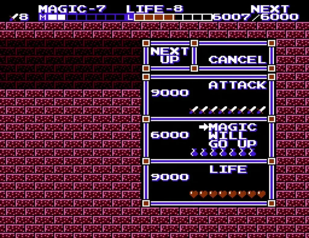 The level-up menu open with the cursor on MAGIC in Three-Eye Rock Palace The level-up menu open with the cursor on MAGIC in Three-Eye Rock Palace