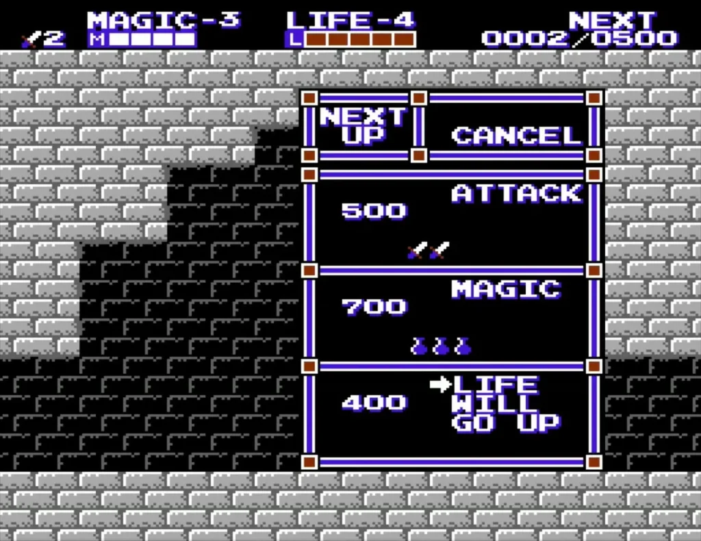 LIFE WILL GO UP level-up menu over a brick palace room with life level 4 on the HUD LIFE WILL GO UP level-up menu over a brick palace room with life level 4 on the HUD