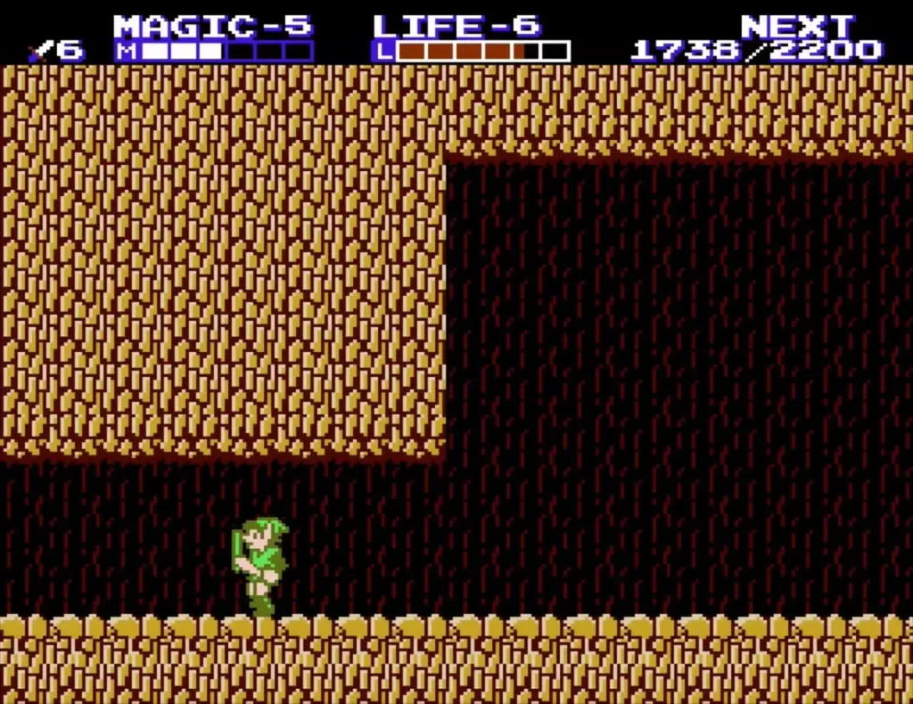 Link on the floor of the sandstone cave, with the NEXT experience counter jumped to 1738 Link on the floor of the sandstone cave, with the NEXT experience counter jumped to 1738