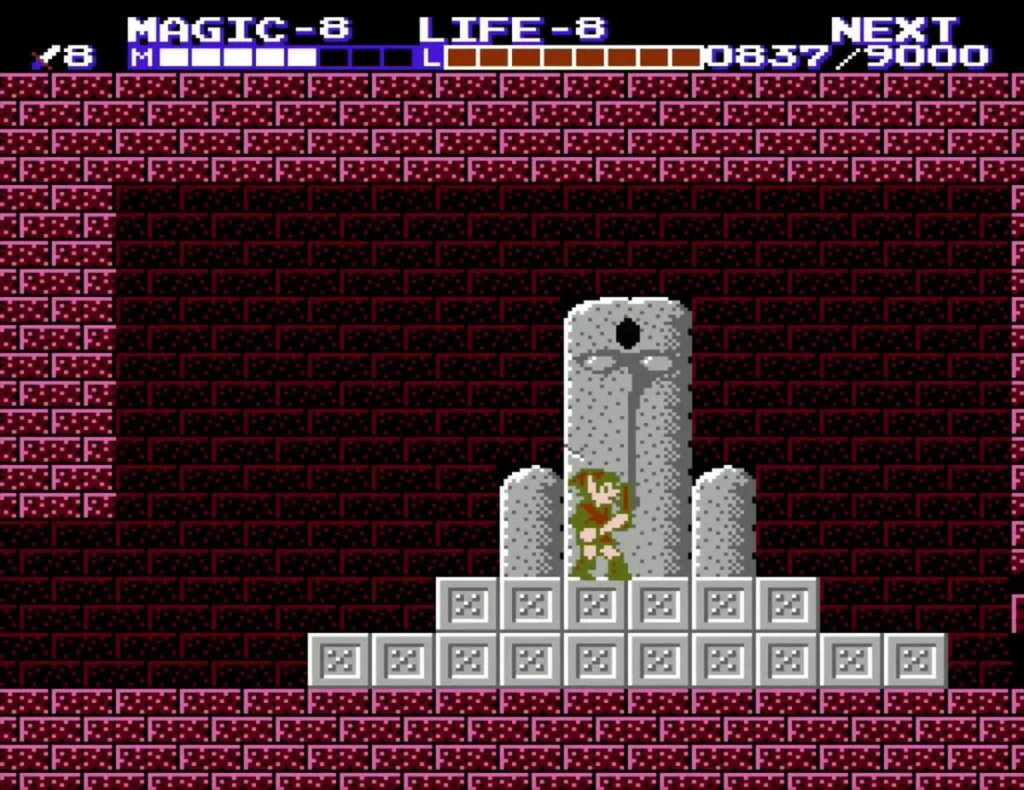 Link at the grey stone statue in the red-brick shrine as the NEXT counter climbs Link at the grey stone statue in the red-brick shrine as the NEXT counter climbs