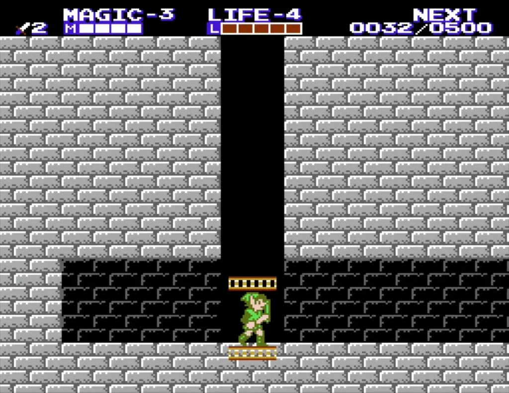 Link on a yellow elevator plate at the bottom of a narrow palace shaft