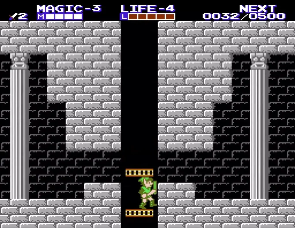 Link standing on a yellow elevator plate in a palace shaft between two columns