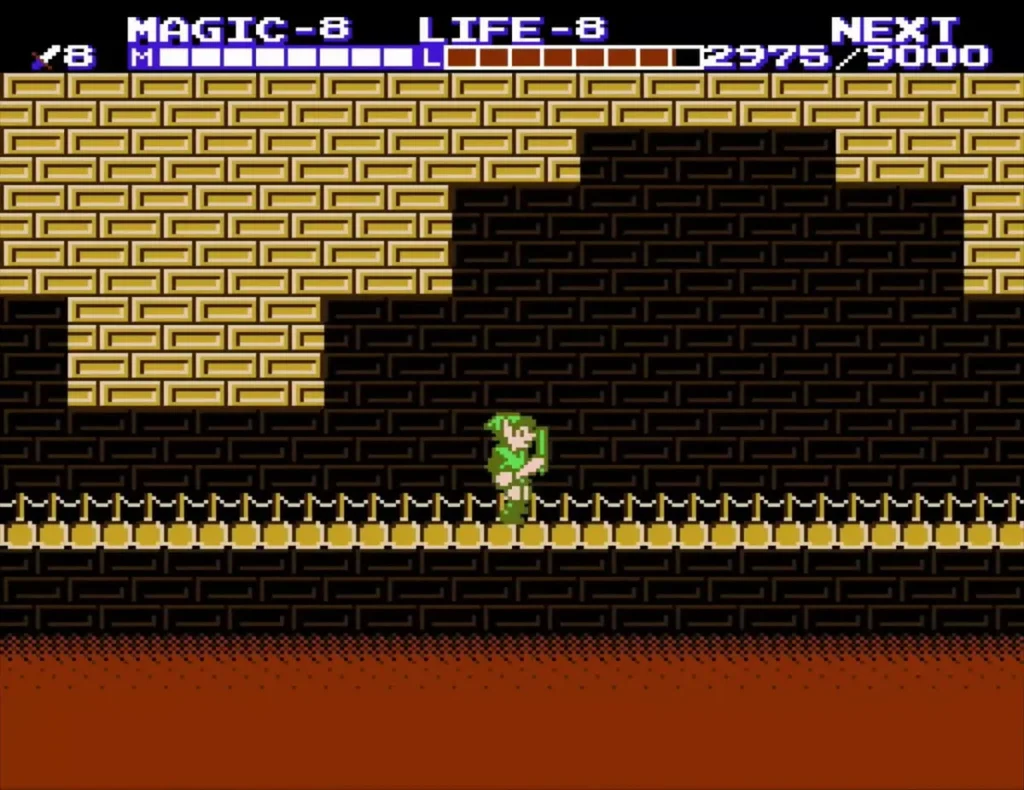 Link on a spiked floor above a lava pit in the Great Palace