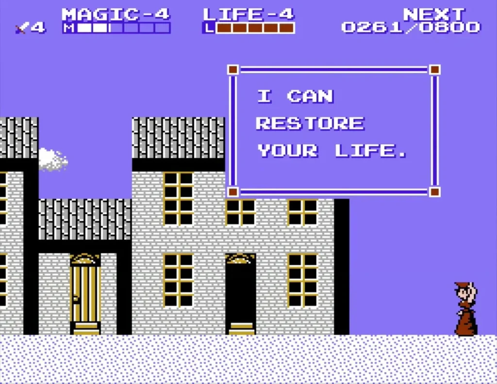 Text box I CAN RESTORE YOUR LIFE above a townswoman on a snowy street