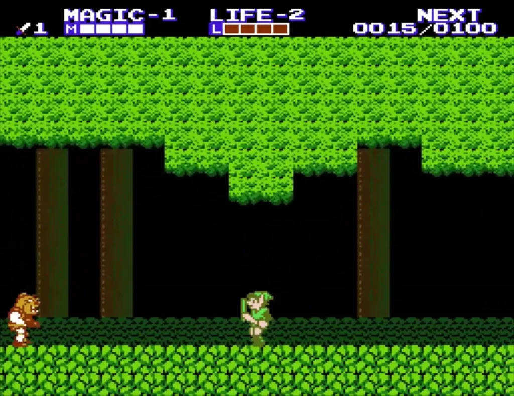 Link in a forest fighting an orange enemy while the NEXT experience counter climbs Link in a forest fighting an orange enemy while the NEXT experience counter climbs