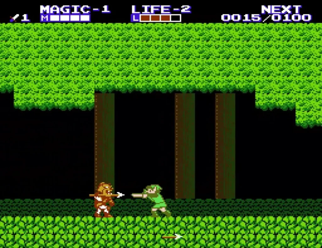 Link striking an orange spear-throwing enemy in a forest, with experience counting up Link striking an orange spear-throwing enemy in a forest, with experience counting up