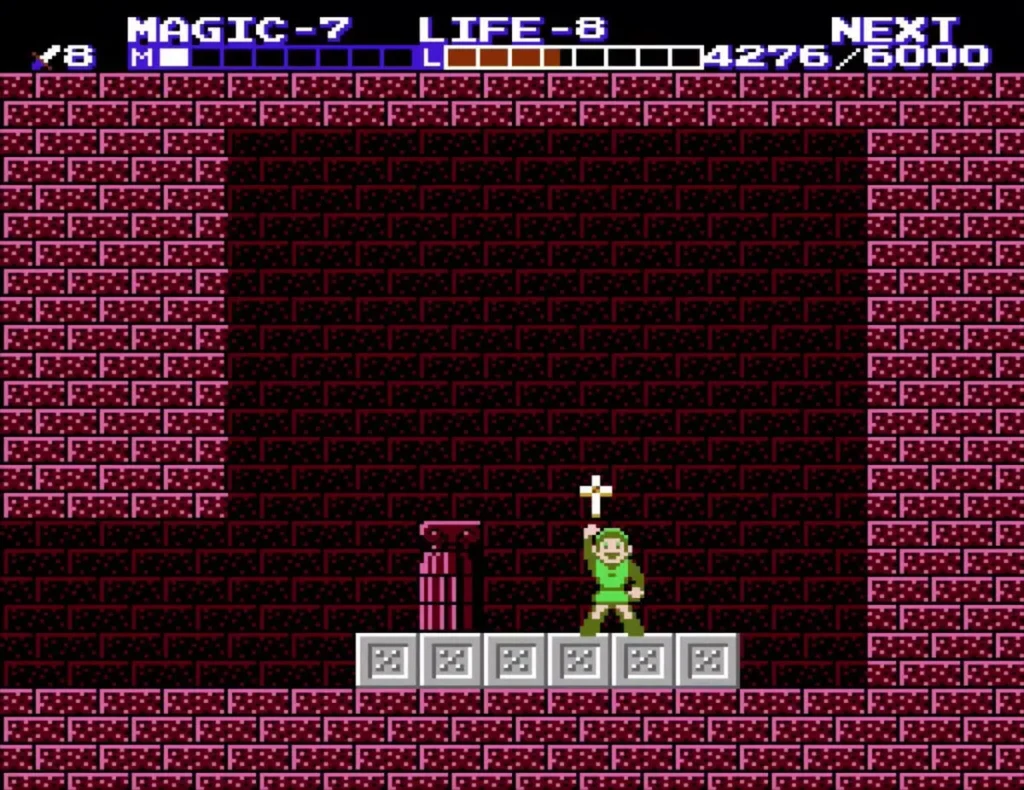 Link holding the Cross overhead on the grey blocks Link holding the Cross overhead on the grey blocks