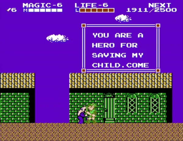 Text box YOU ARE A HERO FOR SAVING MY CHILD beside a purple townsman Text box YOU ARE A HERO FOR SAVING MY CHILD beside a purple townsman