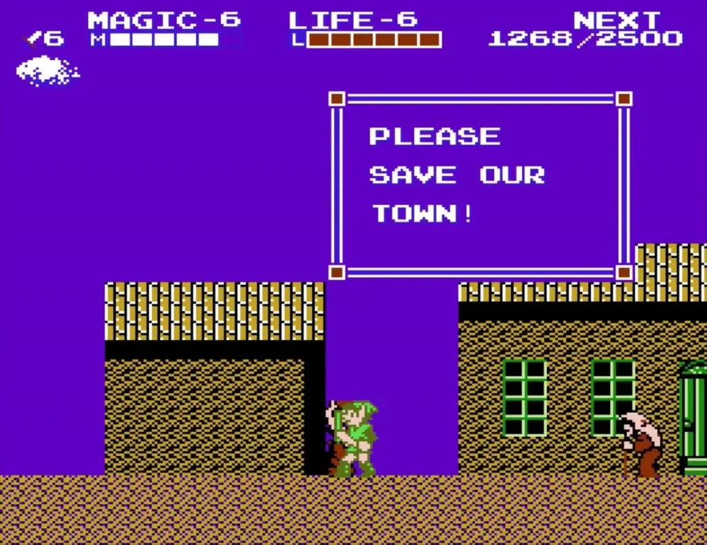 Darunia townsman box reads PLEASE SAVE OUR while Link stands by a stone house Darunia townsman box reads PLEASE SAVE OUR while Link stands by a stone house