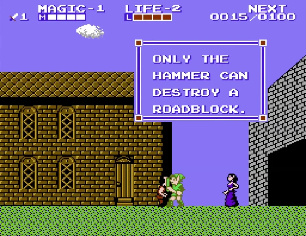 Text box ONLY THE HAMMER CAN DESTROY A ROADBLOCK beside a brown-robed townsman Text box ONLY THE HAMMER CAN DESTROY A ROADBLOCK beside a brown-robed townsman