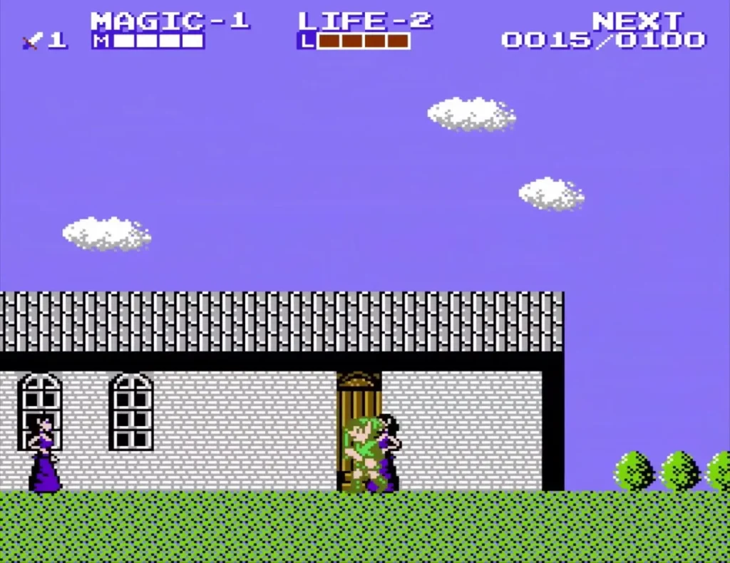 Link at a white house door between two purple-robed townswomen Link at a white house door between two purple-robed townswomen