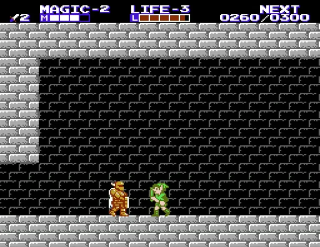 Link facing an orange Iron Knuckle armored knight in a dark palace hall Link facing an orange Iron Knuckle armored knight in a dark palace hall