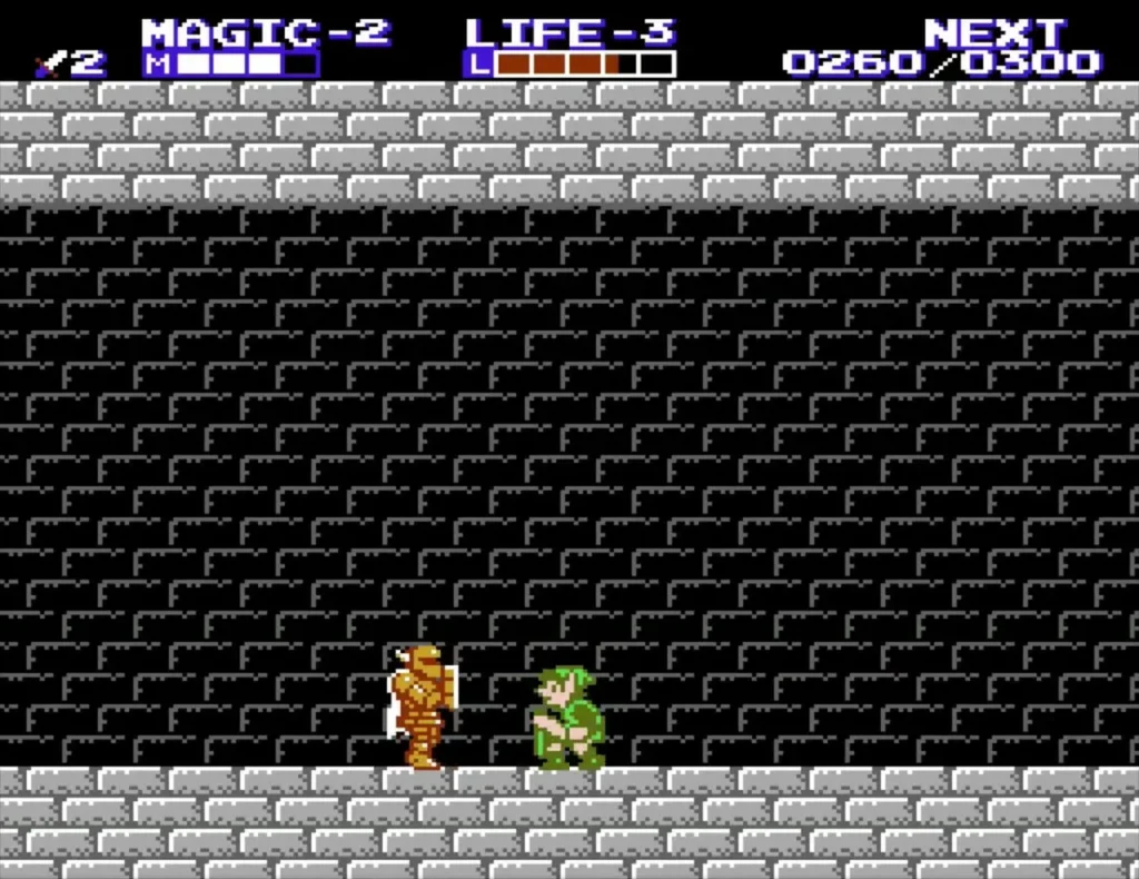 Link beside an orange Iron Knuckle in a dark palace hall Link beside an orange Iron Knuckle in a dark palace hall