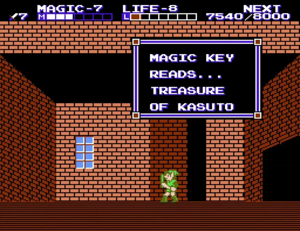 Text box MAGIC KEY READS TREASURE OF KASUTO above Link in a brick house Text box MAGIC KEY READS TREASURE OF KASUTO above Link in a brick house