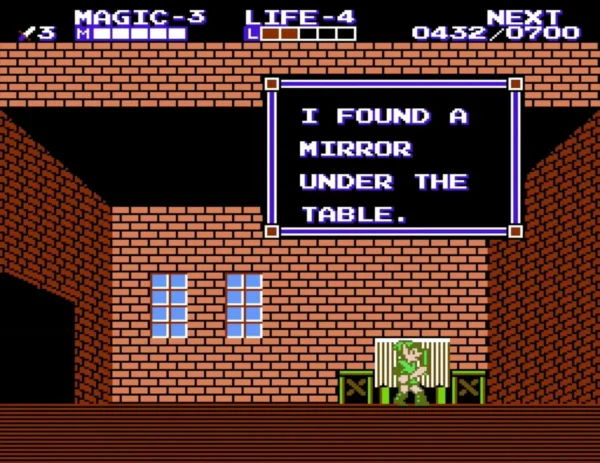Text box says Link found a mirror under the table in an empty brick house Text box says Link found a mirror under the table in an empty brick house