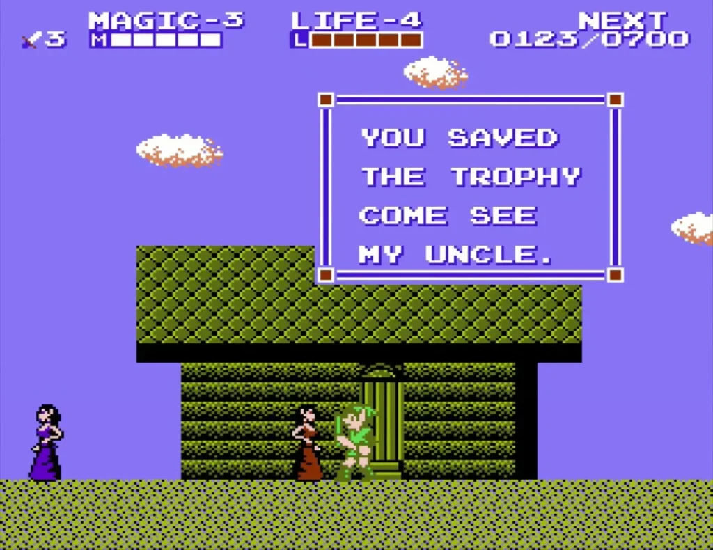 Text box YOU SAVED THE TROPHY beside a townswoman at a green-roof house Text box YOU SAVED THE TROPHY beside a townswoman at a green-roof house